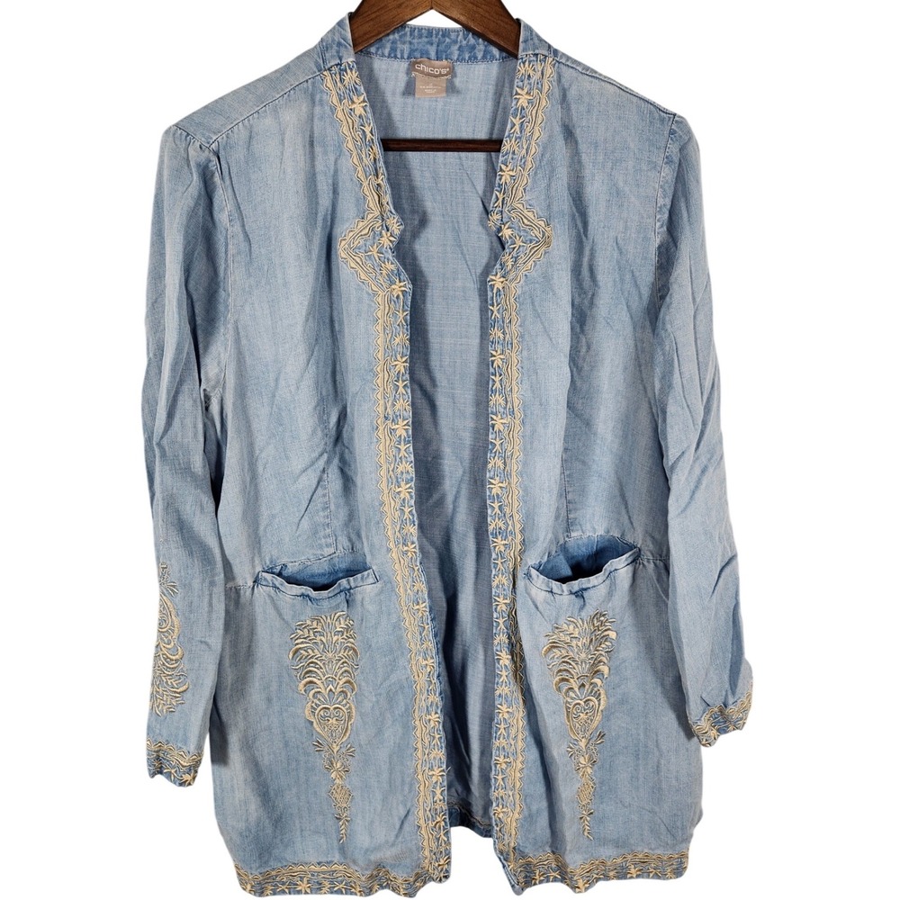 Chicos Denim Embroidered Boho Long Line Kimono Open Front Cardigan Size 2